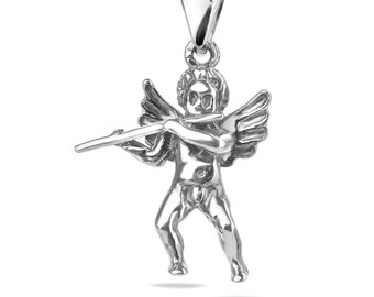 Colgante de ángel de la guarda en plata de ley 925, flauta, querubín, collar de protección alado, amuleto de músico, joyería unisex hecha a mano, regalo.