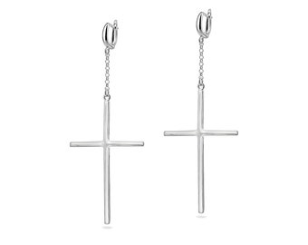 Brincos longos com corrente e cruz em prata de lei 925, estilo moderno, pendentes, minimalistas, cristãos e religiosos. Joia ideal para presente.