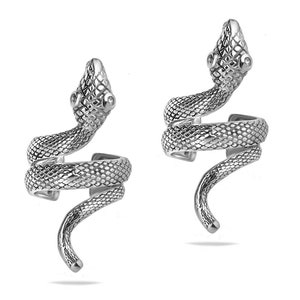 May include: A pair of silver snake-shaped earrings. Each earring features a coiled snake with a detailed head and textured scales.