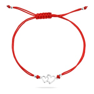 Dubbelt öppna hjärtan justerbart rött snöre armband sterlingsilver 925 berlock kärlek par skydd vänskap symboliska smycken gåva present