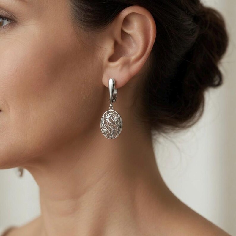 Sterling Silver 925 Oval Flower Jewellery Set Pendant Dangle Drop Earrings Floral Filigree Design Women Girl Handmade Jewellery Gift Present image 6
