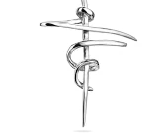 Sterling Silver 925 Modern Cross Pendant Necklace Charm Crucifix Religious Artistic Twist Design Faith Spiritual Unisex Jewellery Gift