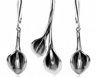 Calla Lily Sterling Silver 925 Earrings Pendant Set Flower Design Necklace Charm Dangle Drop Style Jewelry Wedding Anniversary Birthday Gift