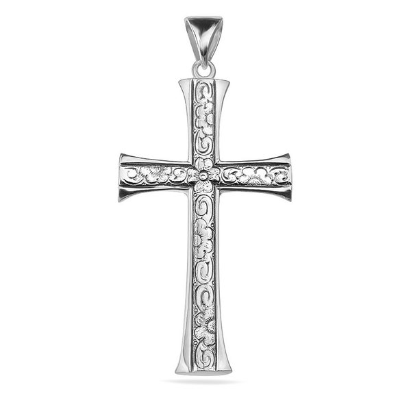 Sterling Silver 925 Cross Large Pendant Flower Accented Necklace Chain Jewellery Unisex Gift