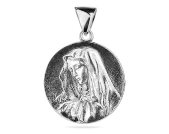 Mother of God Pendant Sterling Silver 925 Madonna Virgin Saint Mary Jesus Sacred Religious Round Medallion Charm Gift Present Jewelry