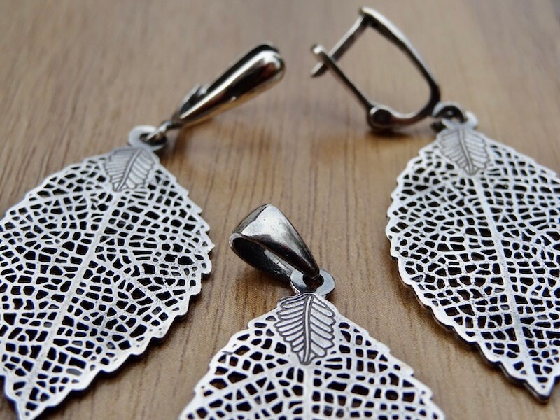 Set Gioielli In Argento Sterling 925 &ndash; Orecchini, Collana Ciondolo A Foglia, Regalo Donna