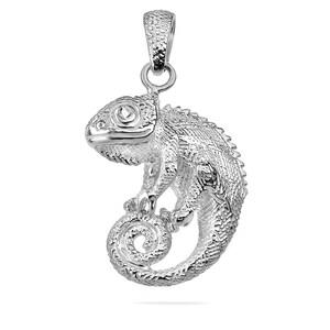 May include: A silver chameleon pendant charm with detailed textured design. The chameleon is curled up with its tail wrapped around its body.