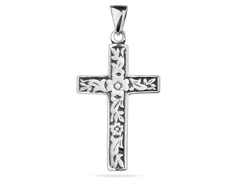 Cross Pendant Flower Accent Sterling Silver 925 Necklace Jewellery Modern Religious Christening Baptism Birthday Present Gift