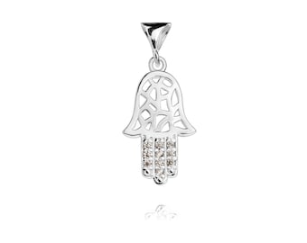 Sterling Silver 925 Hamsa Pendant Hand of Fatima Cubic Zirconia CZ Necklace Fatma Miriam Good Luck Spiritual Protective Amulet Charm Jewelry