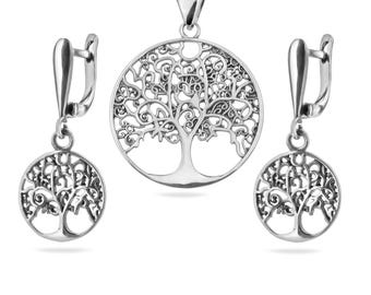 Sterling Silver 925 Tree of Life Jewellery Set Dangle Earrings Pendant Nature Inspired Necklace Charm Symbolic Handmade Jewelry Present Gift