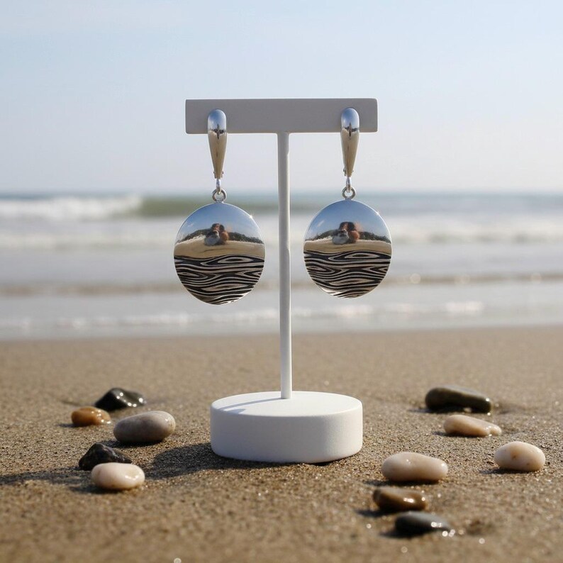 Juego de pendientes colgantes redondos de plata de ley 925 con diseño inspirado en la naturaleza del océano y el mar, joyería texturizada, regalo. imagen 3