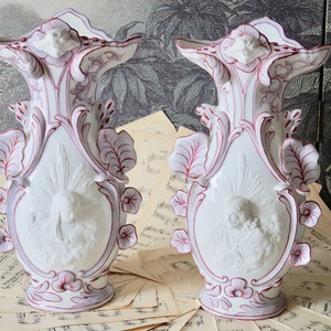 Antique Old Paris Porcelain Vases Religieus with Maria and Christ