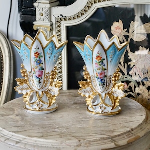 Two Beautiful Antique Old Paris Porcelain (Porcelaine de Paris) Cornet Vases ca 1850-1880