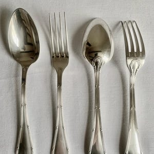 Vintage Antique French ERCUIS &quot;Cross Border Band&quot; Box Silver Plated Dinner spoons and Forks Cutlery