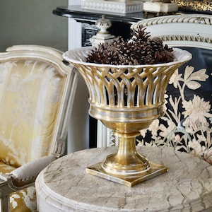 Vintage French Pottery - &quot;Old Paris Porcelain&#39; Style Big Basket on stand - Empire period style
