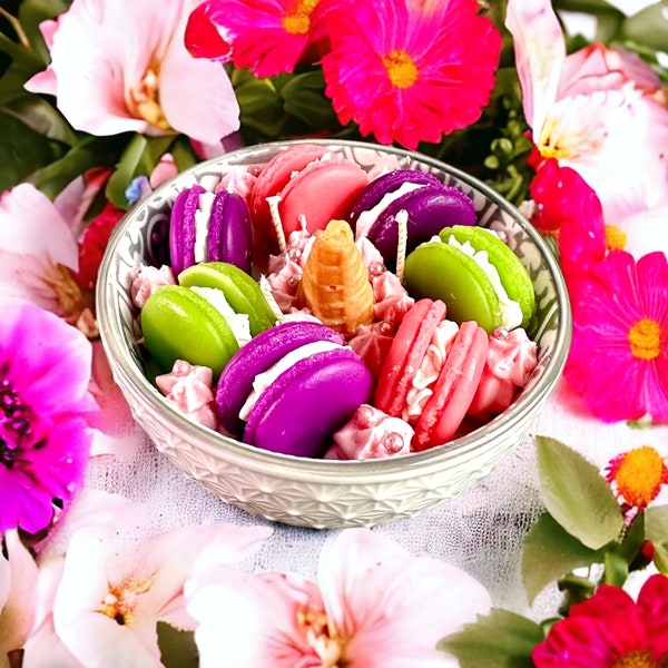 Bowl of Macarons. Scented candle.