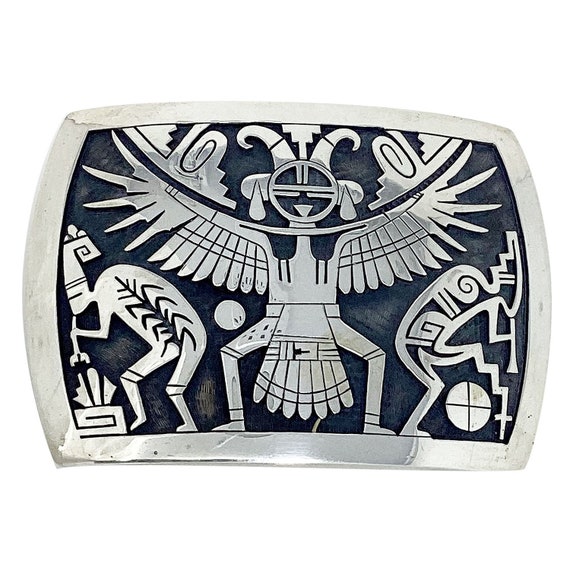 Berra Tawahongya, Belt Buckle, Blessings, Silver Overlay, Hopi 