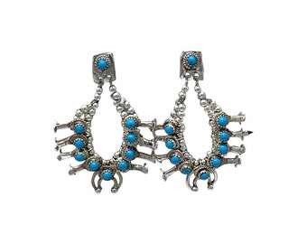 Larry Curley, Squash Blossom earrings, Kingman Turquoise, Navajo, 1 3/4&quot;