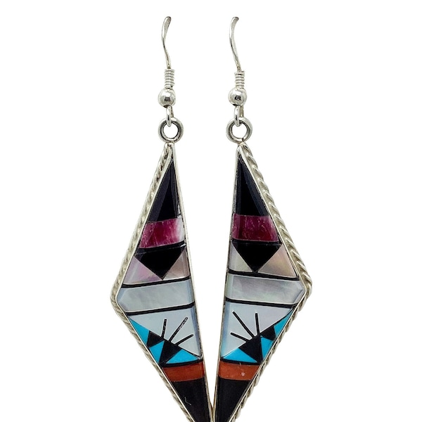 Sheryl Edaakie, Earrings, Multi-color, Inlay, Zuni Handmade, 2 3/4"