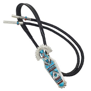 Raylan, Patty Edaakie, Bolo Tie, Zuni Sunface Maiden, Inlay, Handmade, 48&quot;