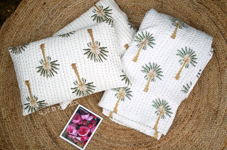 Indian Handmade Green Palm Tree Kantha Quilt Pillow Shams Etsy Australia