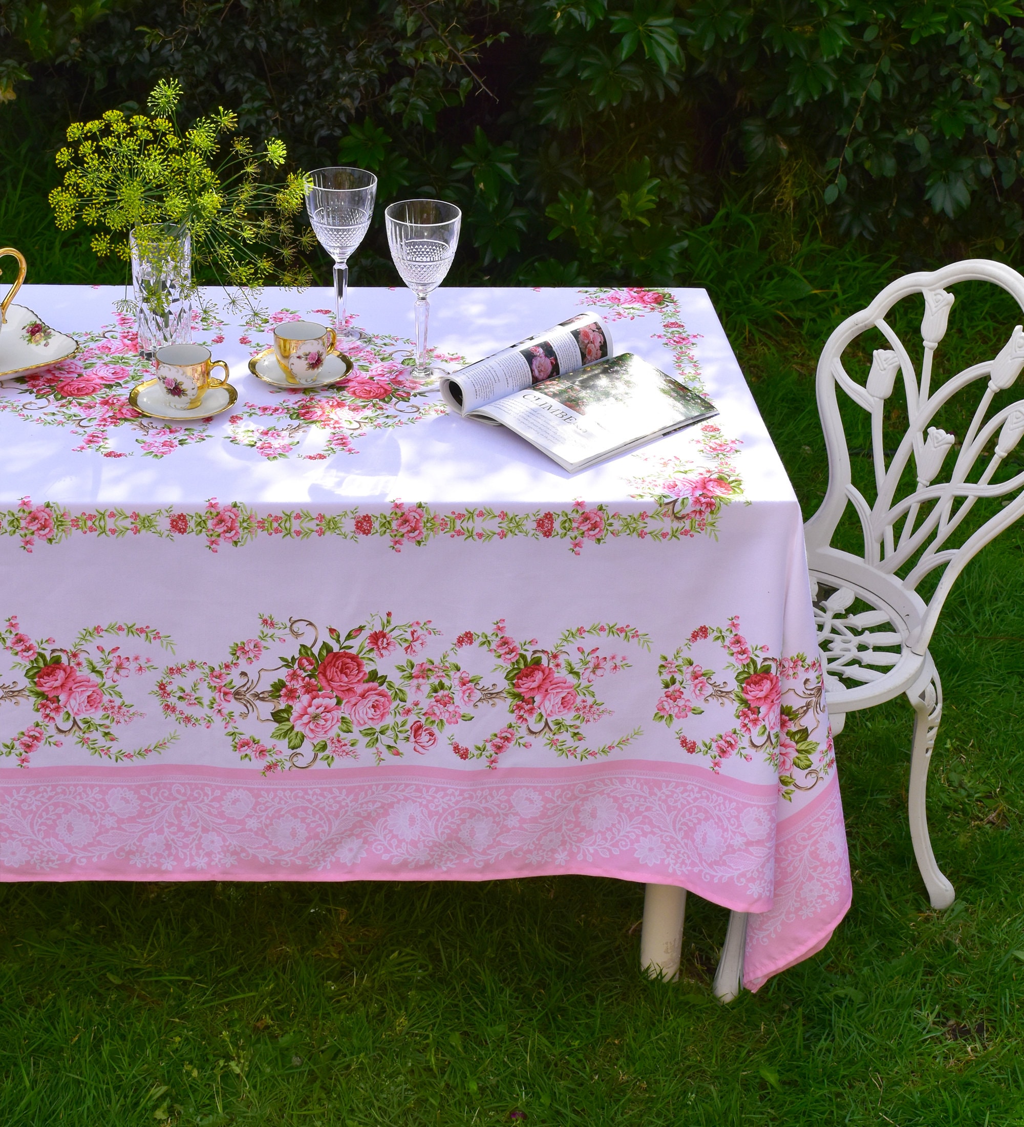 Tablecloth floral Outdoor Indoor tablecloth Waterproof Stain resistant Dining Table cover Pink Lace Gift for mom Vintage Home Decor Roses