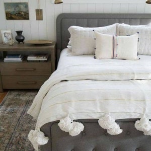 Moroccan Pom Pom Throw Blanket: Gold Thread Cotton Boho Decor