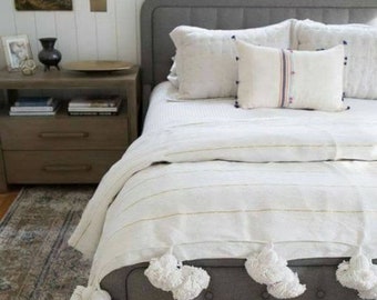 Moroccan Pom Pom Throw Blanket: Gold Thread Cotton Boho Decor