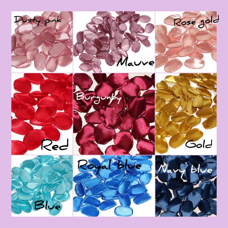 May include: Assortment of silk flower petals in various colors, including dusty pink, mauve, rose gold, burgundy, red, gold, blue, royal blue, and navy blue. The petals are arranged in a grid pattern with the color names written below each section.