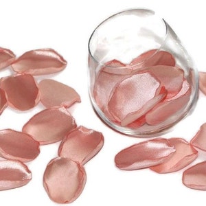 May include: A scattering of blush pink satin rose petals, some in a clear glass vase, others on a white surface.