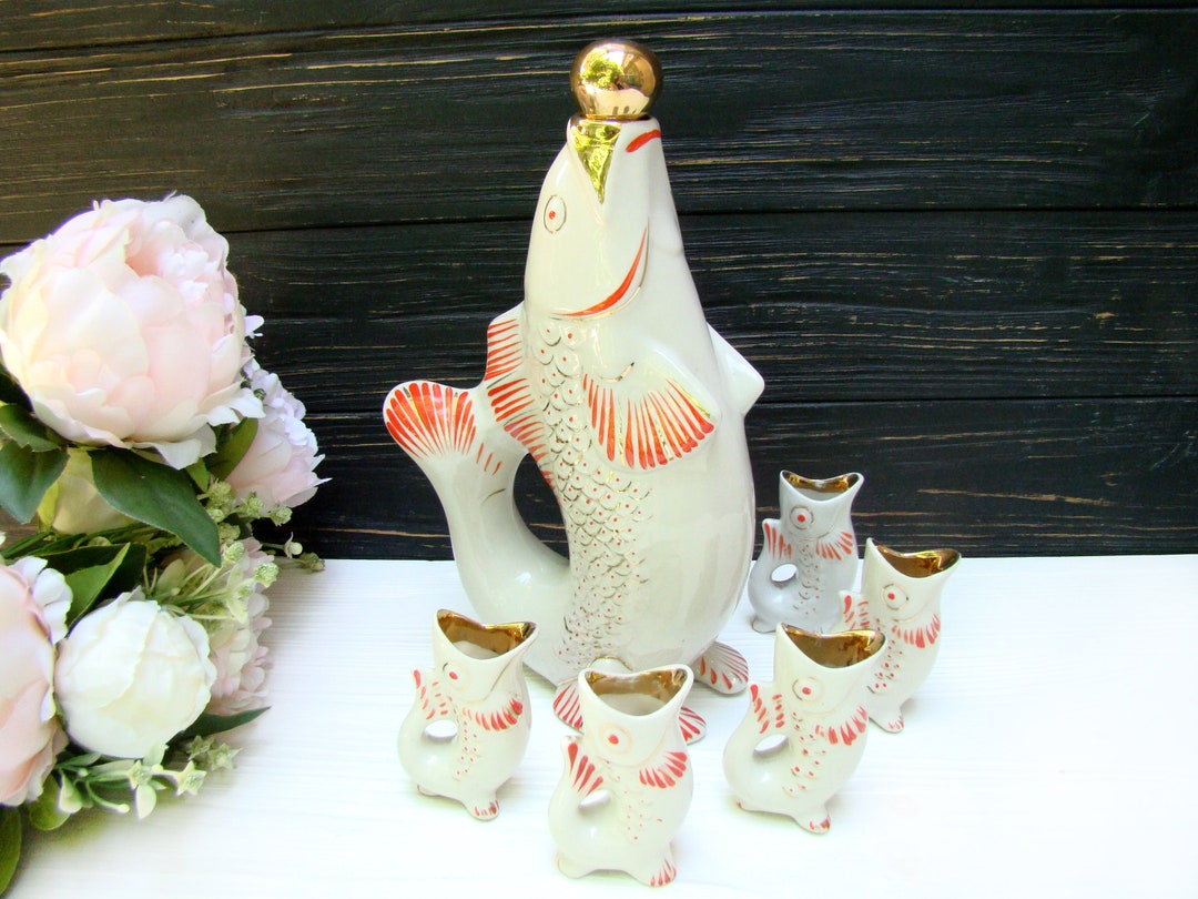 Fish Decanter and 5 Shot Glasses Fish Drinking Set Etsy