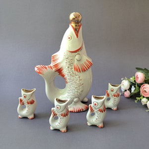 Fish decanter and 4 shot glasses Fish drinking set Gift for fisher Ceramic decanter