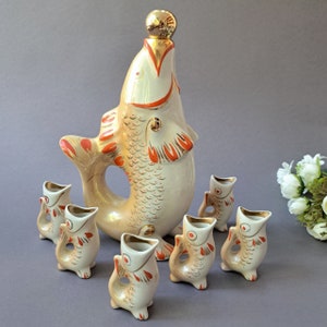 Vintage drinking set Retro glasses Gift for fisher Fish decanter Decorative carafe and 6 shot glasses Vintage barware