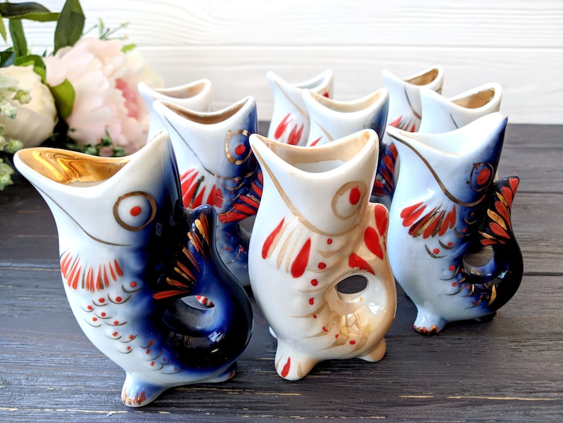 Shot glasses Fish figurine Set of 2 Drinking set Retro souvenir Ceramic fish Father's Day Fisherman gift