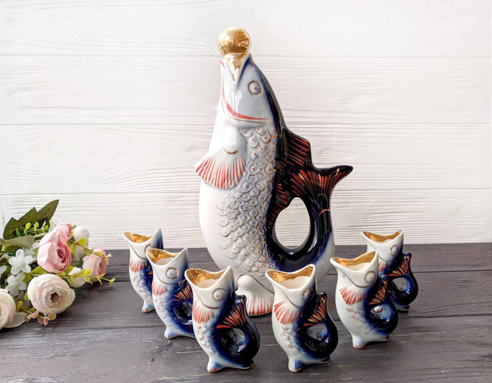 Fish decanter and 6 shot glasses Fish drinking set Etsy