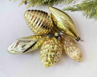 Golden Glass Christmas Ornaments, Retro Xmas Decor, Set of 5 Vintage tree decorations