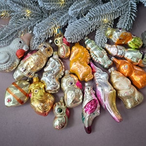 Vintage glass figurine ornaments, Christmas blown tree decoration - fireman, owl, fox, fish, bird