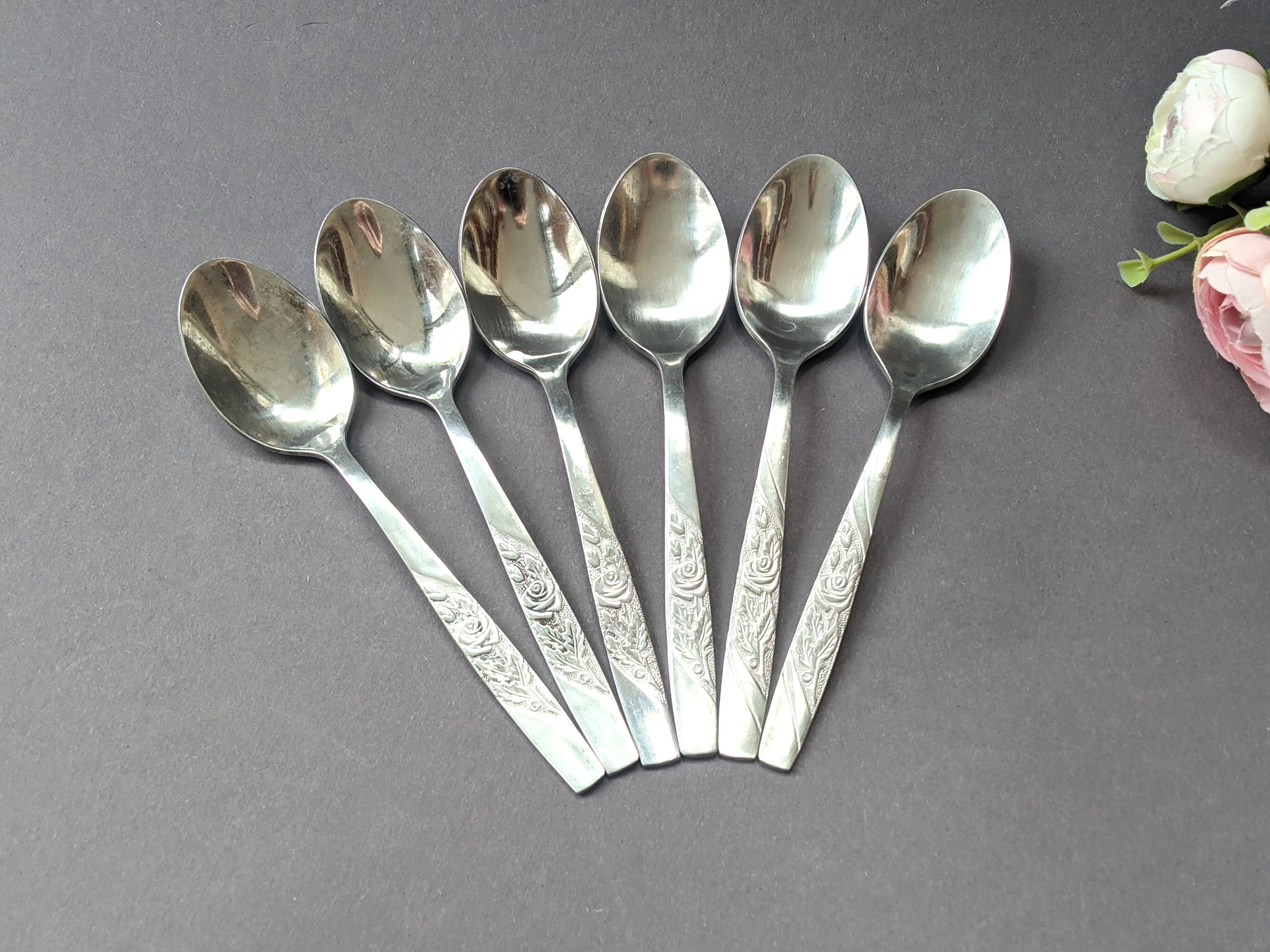 Vintage Stainless Steel Teaspoons, Floral Pattern, Set of 6 - Etsy