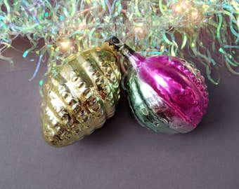 Vintage Glass Christmas Ornaments, Retro Xmas Decor (Set of 2)