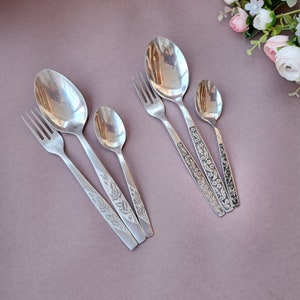 Set of table spoon, fork and tea spoon, Vintage tableware, Metal kitchen spoons and forks