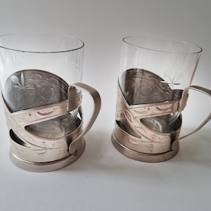 Metal tea holder Vintage tea glass holders Set of 2 Ukraine podstakannik with glass