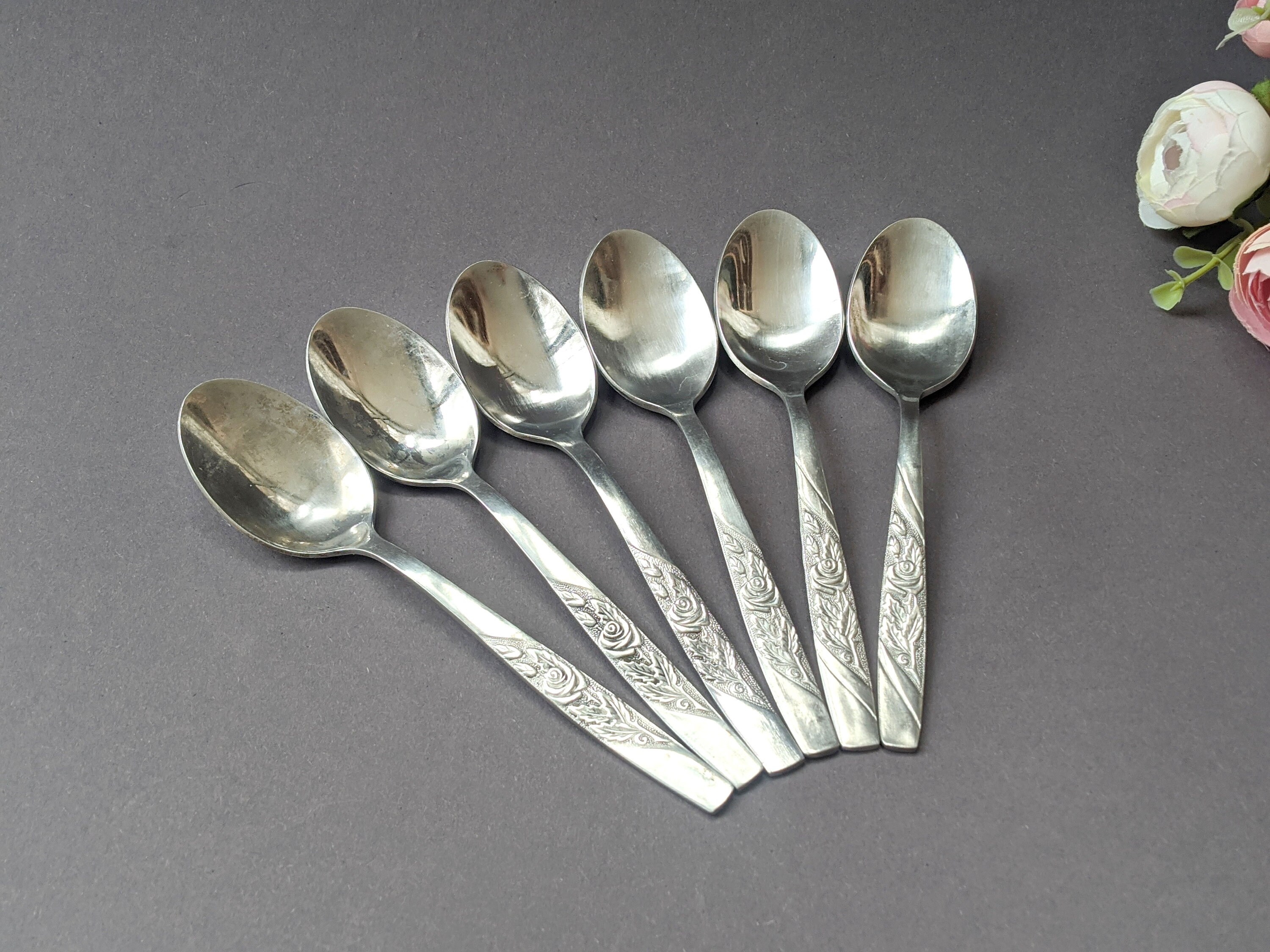 Vintage Stainless Steel Teaspoons, Floral Pattern, Set of 6 - Etsy