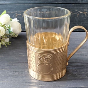 Retro tea glass cup holder with glass Old podstakannik with glass Vintage podstakannik