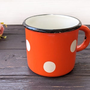 Retro metal cup Vintage farmhouse enamelware NEW Red polka dot mug
