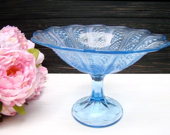 Large blue vase, Glass pedestal vase, Holiday table centerpiece