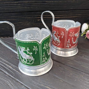 Vintage podstakannik Green and red tea glass holders Slavic design Fantasy bird