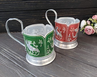 Vintage podstakannik Groene en rode theeglashouders Slavisch ontwerp Fantasievogel