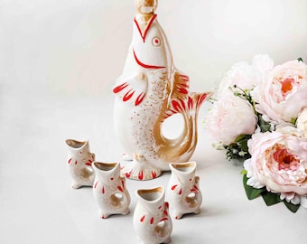 Vintage Porcelain Fish Decanter and Drinking Glasses Set – USSR 1970s Collectible