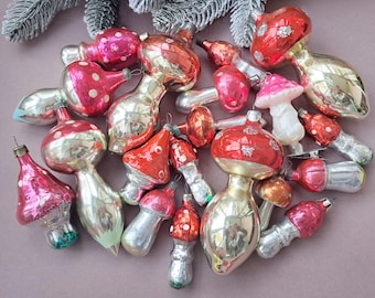 Christmas ornaments, Vintage blown glass decoration, Mushroom ornament, Amanita ornament