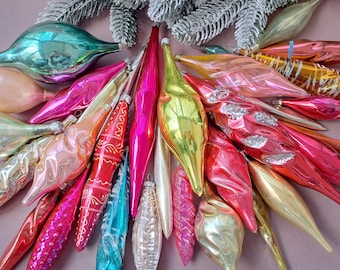 Vintage Glass Icicle Christmas Ornaments, Soviet Era Decor